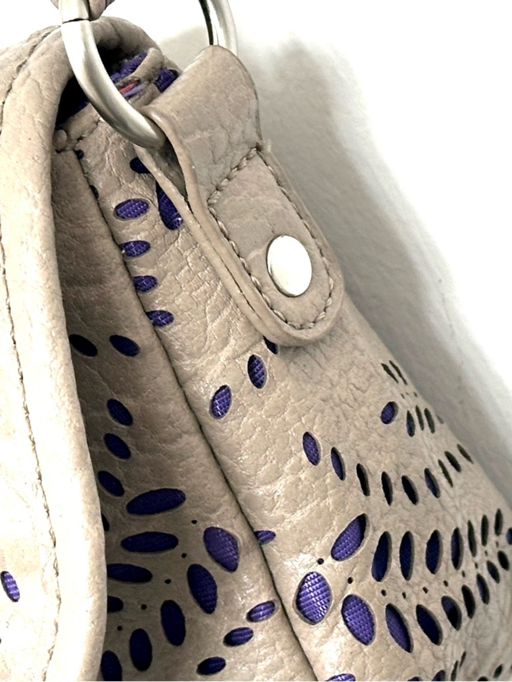 Kensie Girl Taupe Laser-Cut Mini Crossbody Bag with Purple Accent - Picture 8 of 13